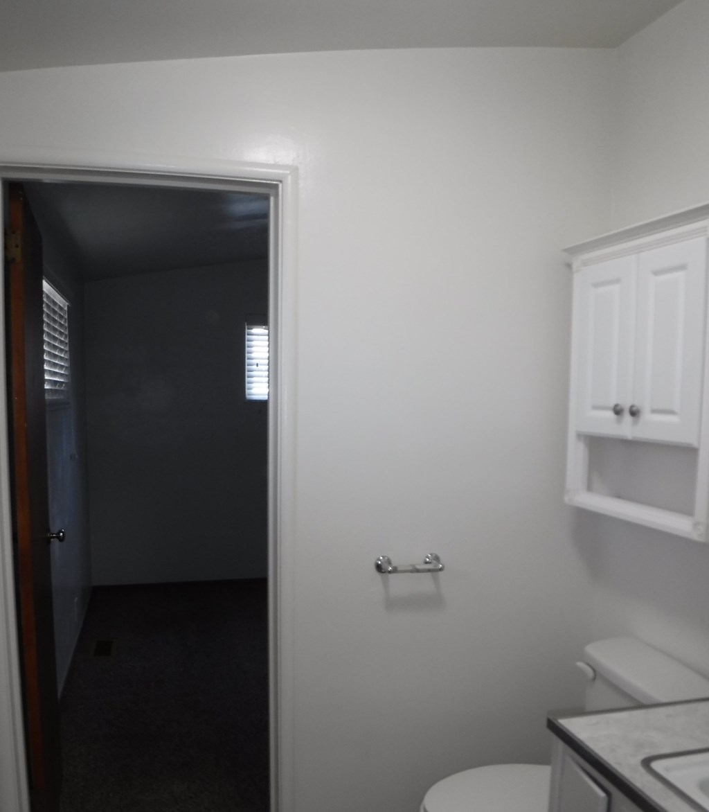 a white bathroom with a toilet and a white cabinet