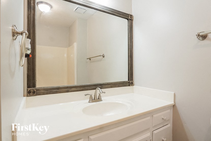 a bathroom with a sink and a large mirror