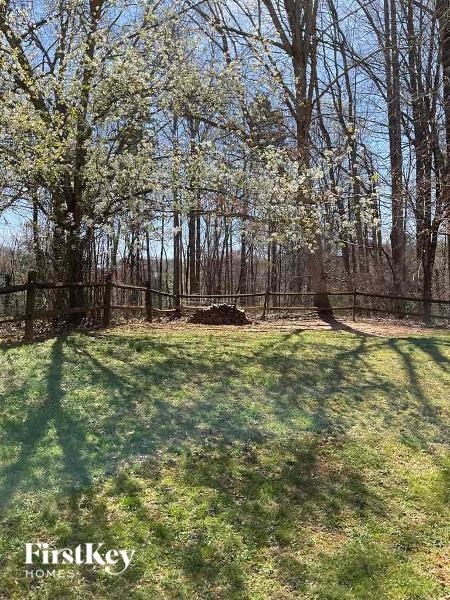 A grassy field with trees and a fence in the background.
