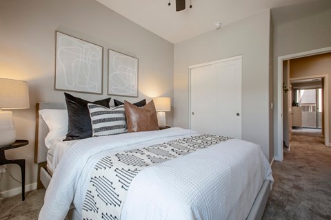 a bedroom with a large bed and a closet