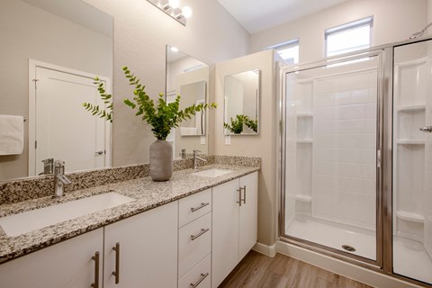 a bathroom with two sinks and a shower
