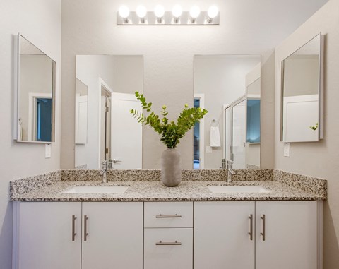 a bathroom with two sinks and a vase with flowers