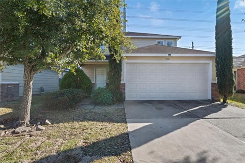 A house with a white garage door is surrounded by a tree and a driveway.