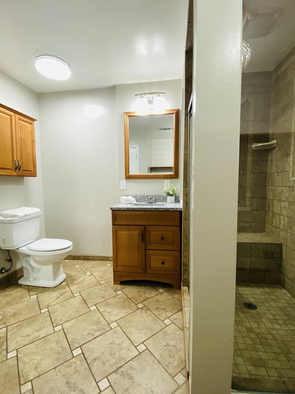 a bathroom with a toilet and a sink and a shower