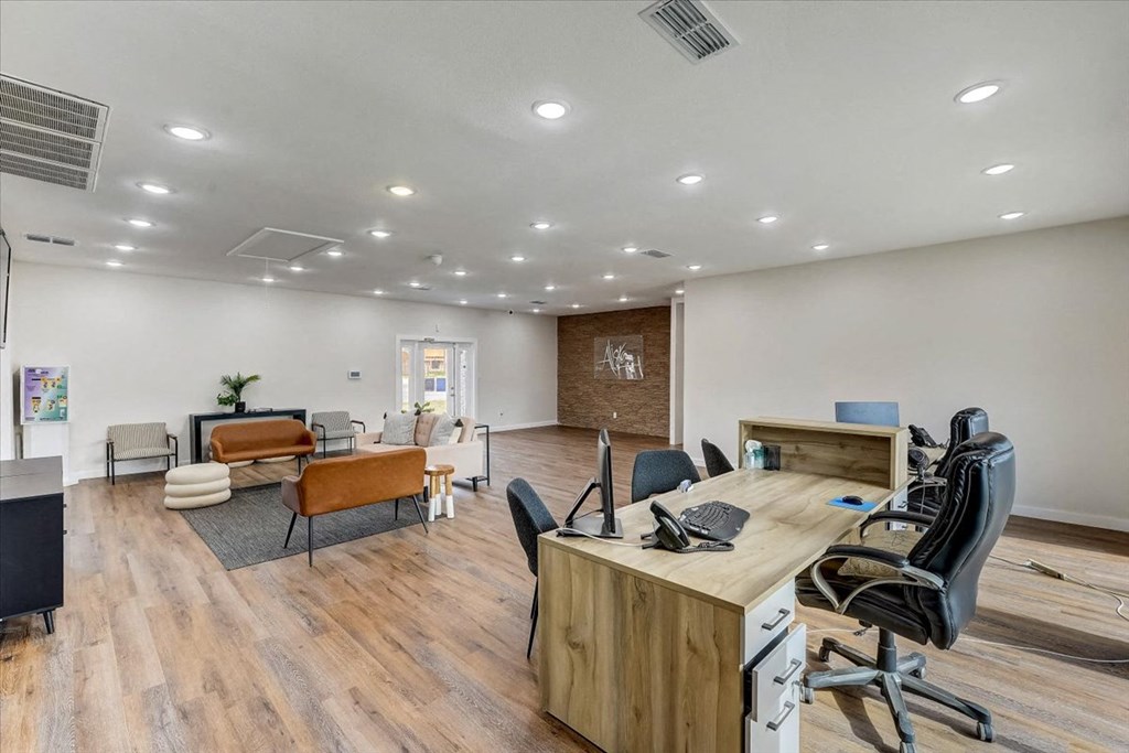 Living room and kitchen at The Alista Apartments, Dallas, 75238
