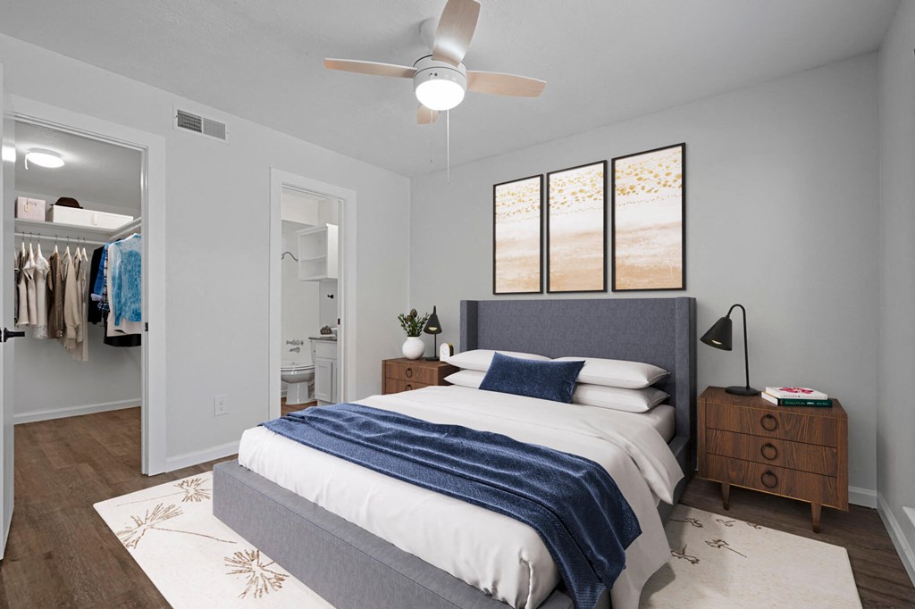 Bedroom with cozy bed at The Alista Apartments, Texas, 75238