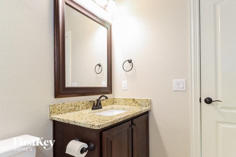 a bathroom with a sink and a mirror