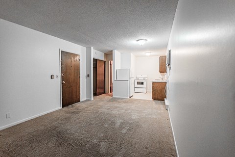 A carpeted room with a white wall and a white fridge.