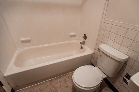 A white toilet sits next to a bathtub in a bathroom.