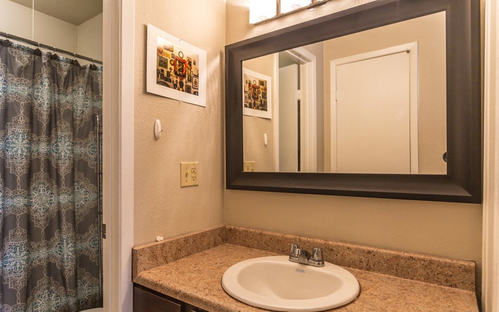 a bathroom with a sink and a mirror