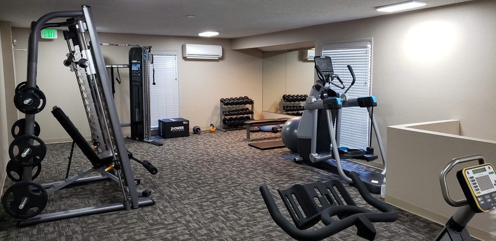 a gym with exercise equipment in a room with a couch
