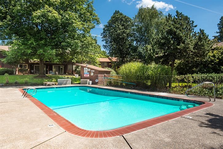 a swimming pool in a backyard with trees