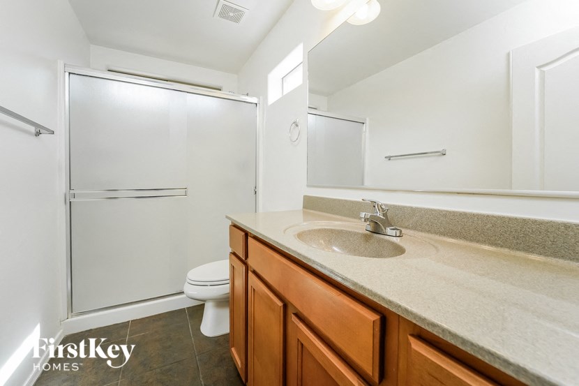 a bathroom with a sink and a shower and a toilet
