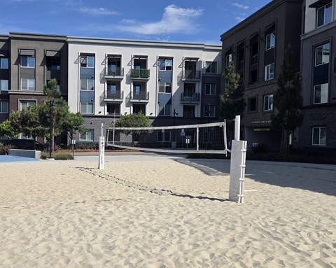 A beach volleyball net is set up in the sand in front of apartment buildings.