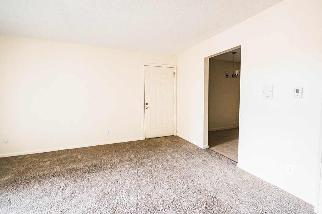 A room with a carpeted floor and a doorway leading to another room.