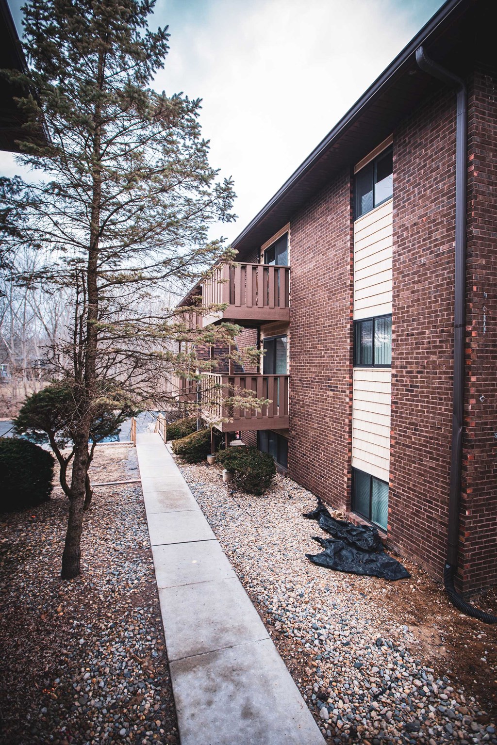 A tree is on the left and a building is on the right.