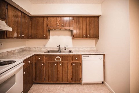 A kitchen with wooden cabinets and a white dishwasher.