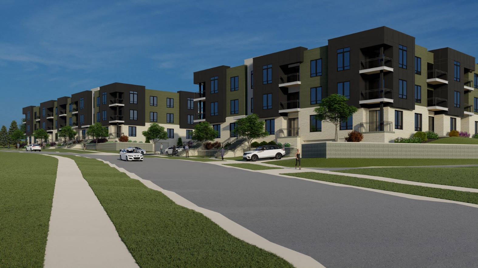 a rendering of an apartment building on a city street
