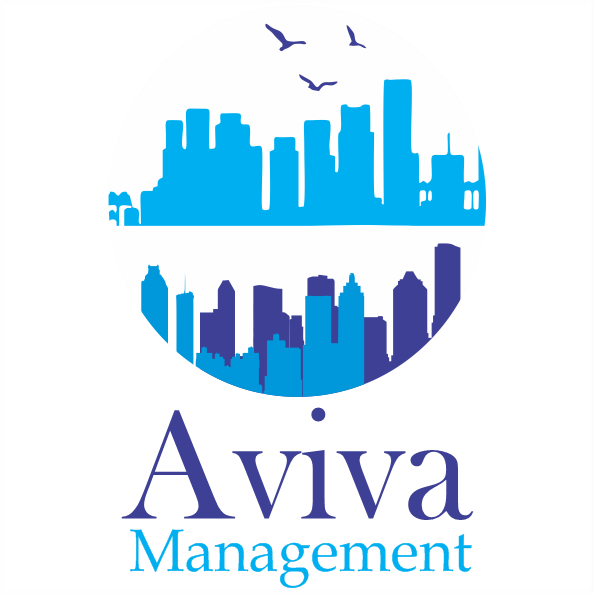 A logo for Aviva Management featuring a city skyline and birds.