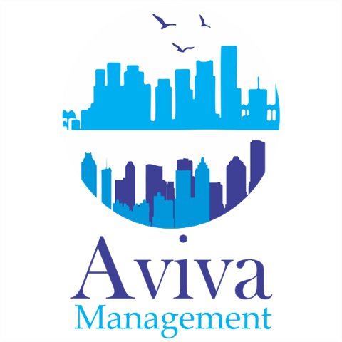 A logo for Aviva Management featuring a city skyline and birds.