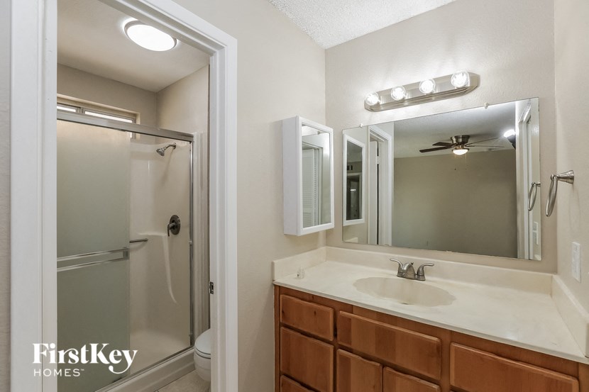 a bathroom with a sink and a mirror and a shower