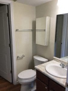 A white toilet sits in a bathroom next to a sink.