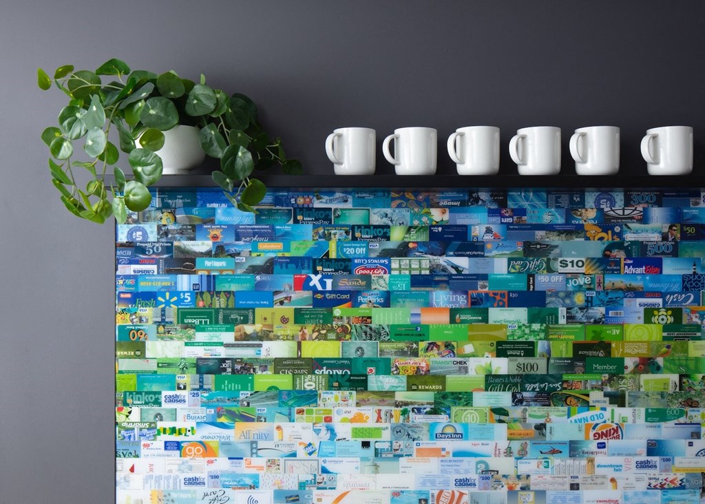 a wall with a bunch of coffee cups and a green plant