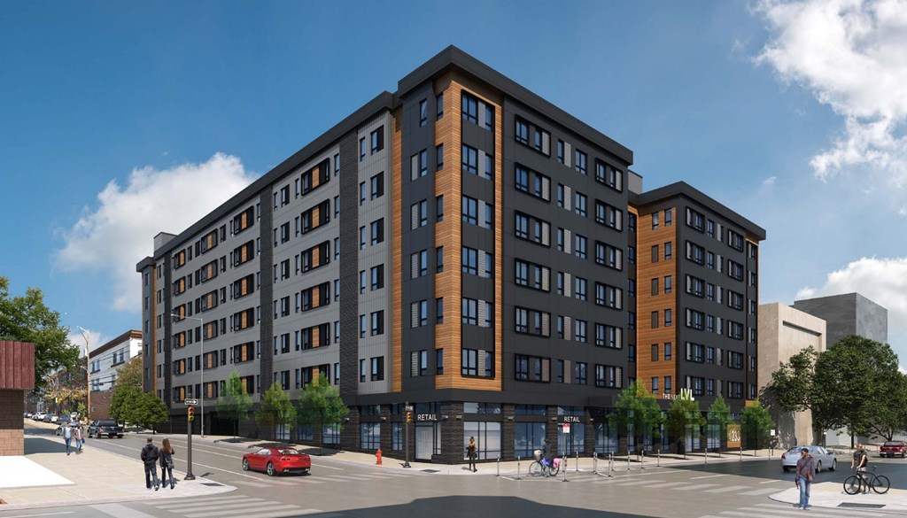 a rendering of an apartment building on the corner of a street