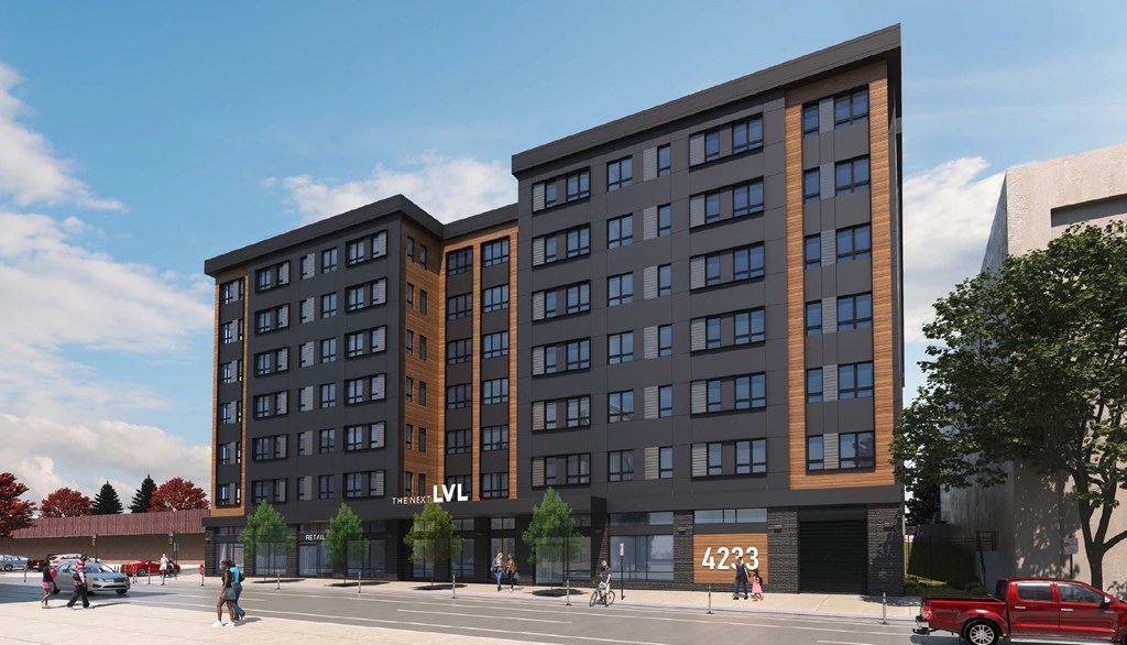 a rendering of an apartment building on a city street