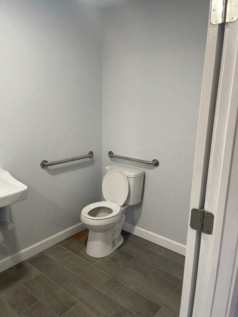 a bathroom with a toilet and two bars on the wall