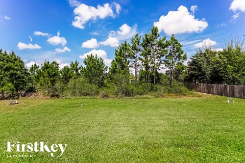 a large grassy field with trees and a fence