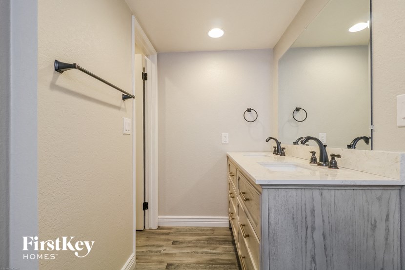 a bathroom with a sink and a shower and a mirror
