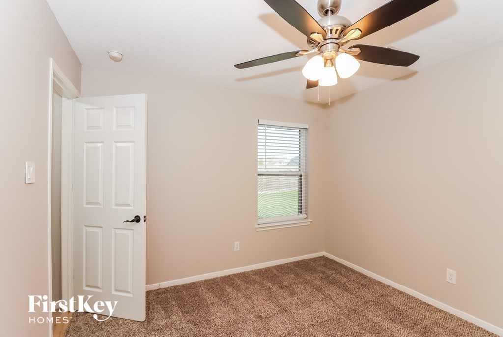 A room with a carpeted floor, a ceiling fan, and a door leading to another room.