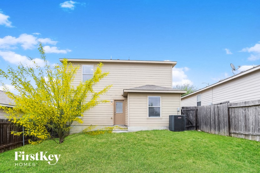 A house with a yellow flowering tree in front of it.