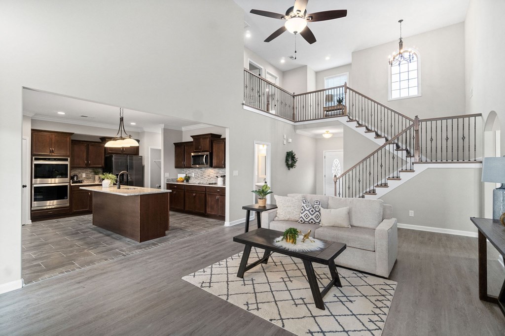 a living room with a couch and a table