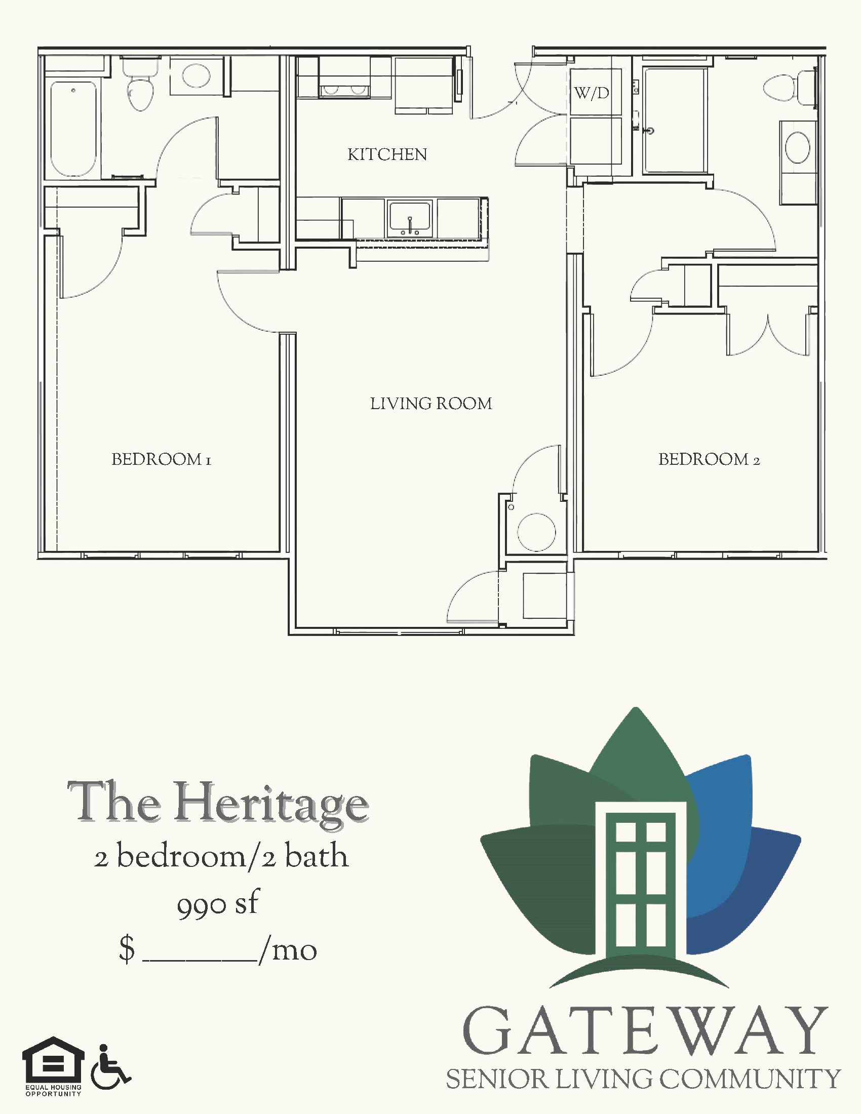 Spacious 2br apartment, featuring washer/dryer and open floorplan.