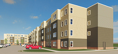 a rendering of an apartment building with cars parked in front of it