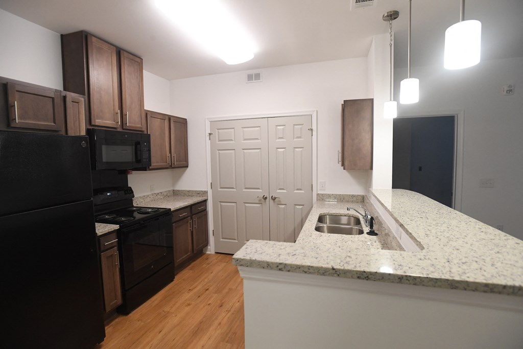 A kitchen with a black refrigerator and wooden cabinets.