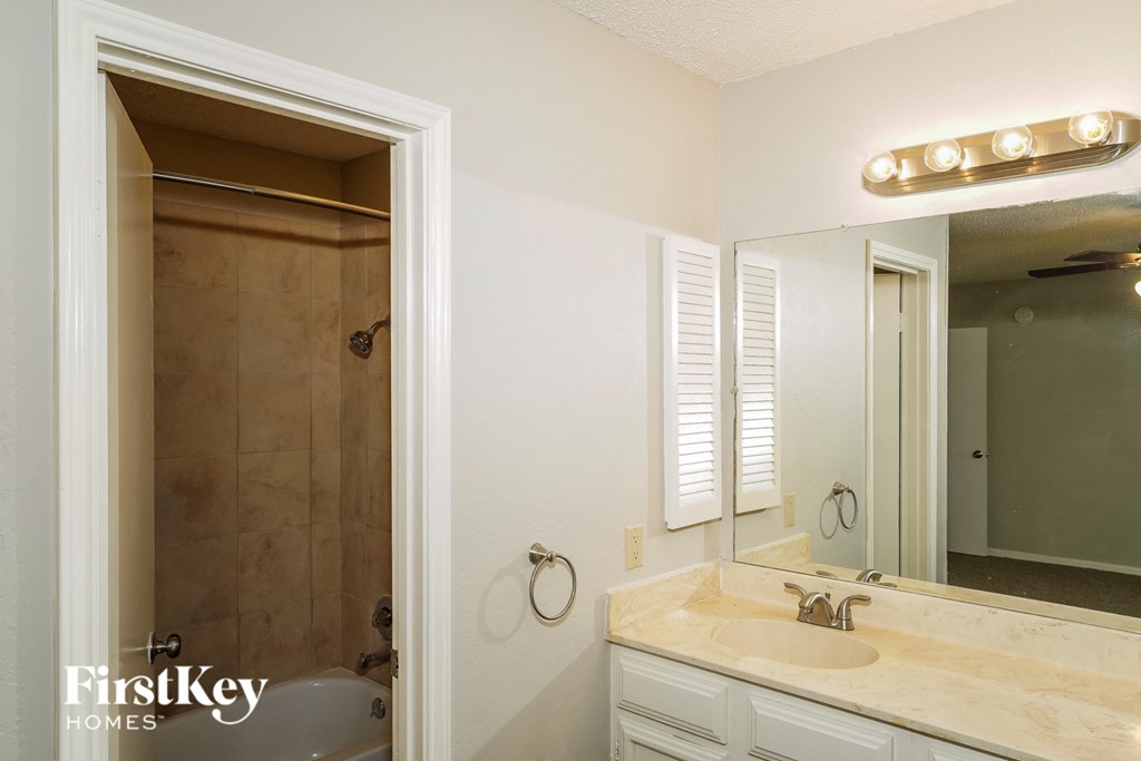 a bathroom with a sink and a shower and a mirror
