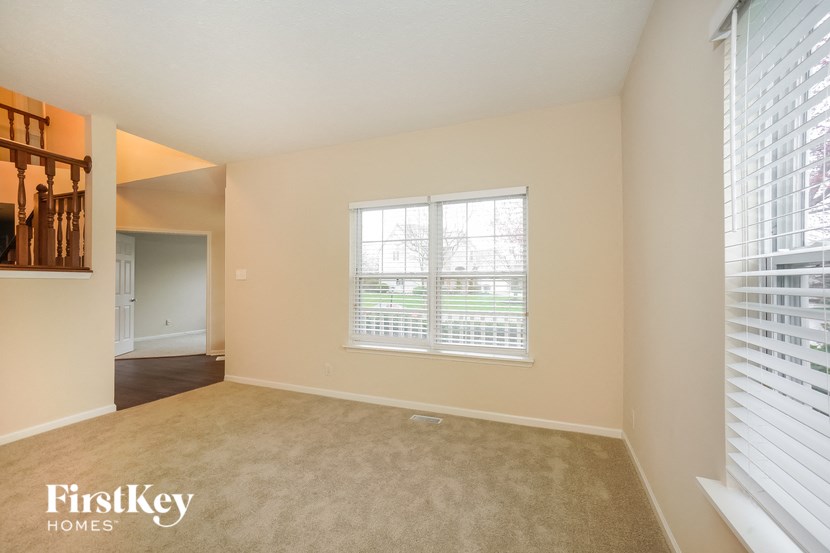 a living room with two windows and a carpeted floor