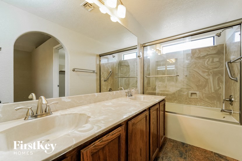 a bathroom with two sinks and a shower and a mirror