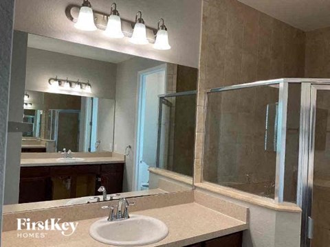 a bathroom with a sink and a large mirror