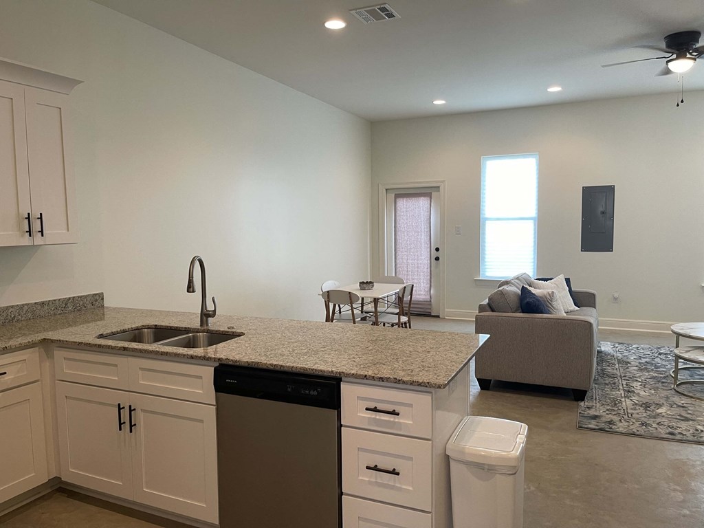 a kitchen and living room with a sink and a counter top