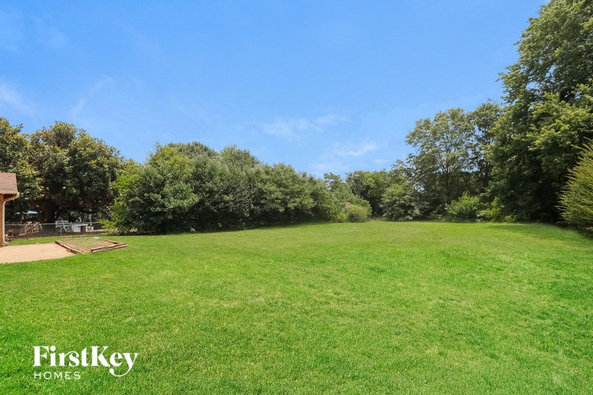 a large grassy field with trees in the background