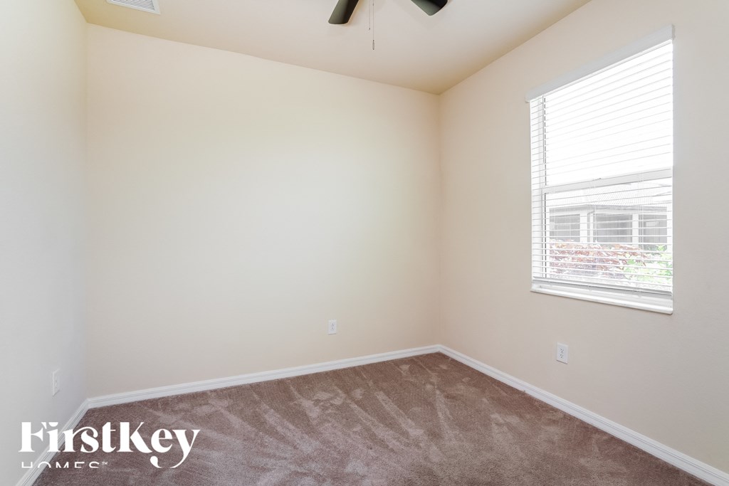 a bedroom with a carpeted floor and a window