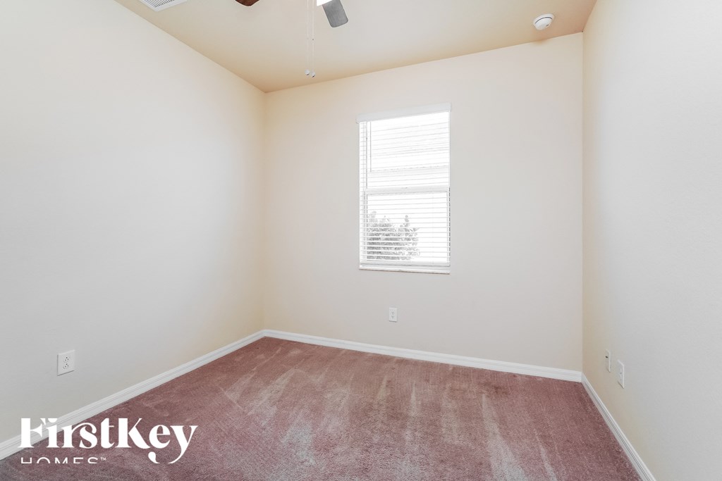 a bedroom with a carpeted floor and a window