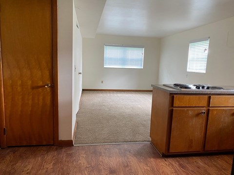 an empty kitchen and living room with a stove and cabinets