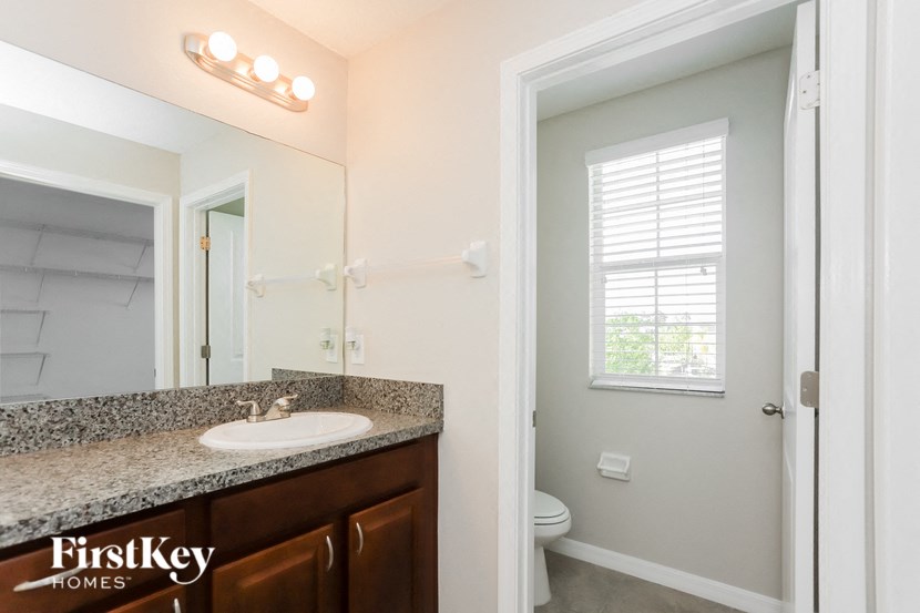 a bathroom with a sink and a mirror and a toilet