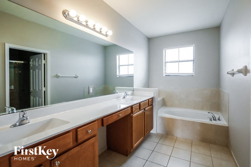a bathroom with a sink and a mirror and a tub