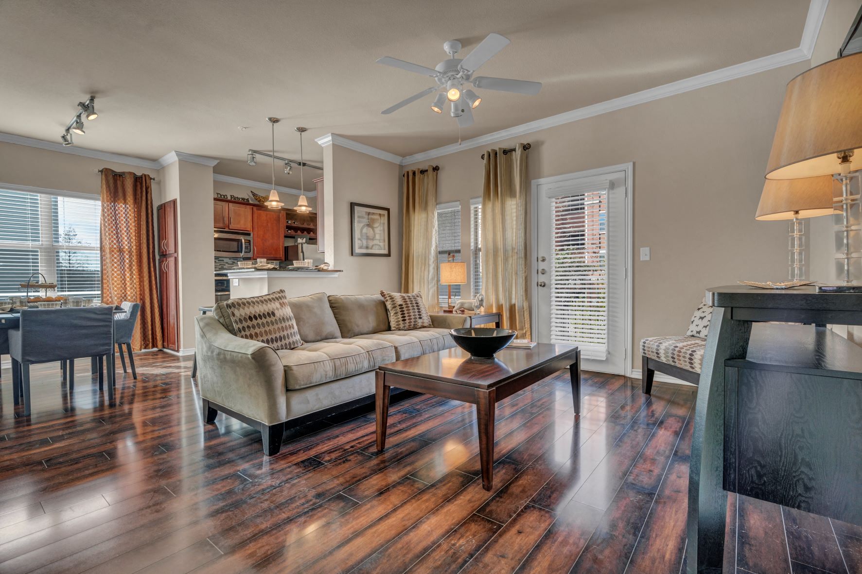 a living room with a couch and a table